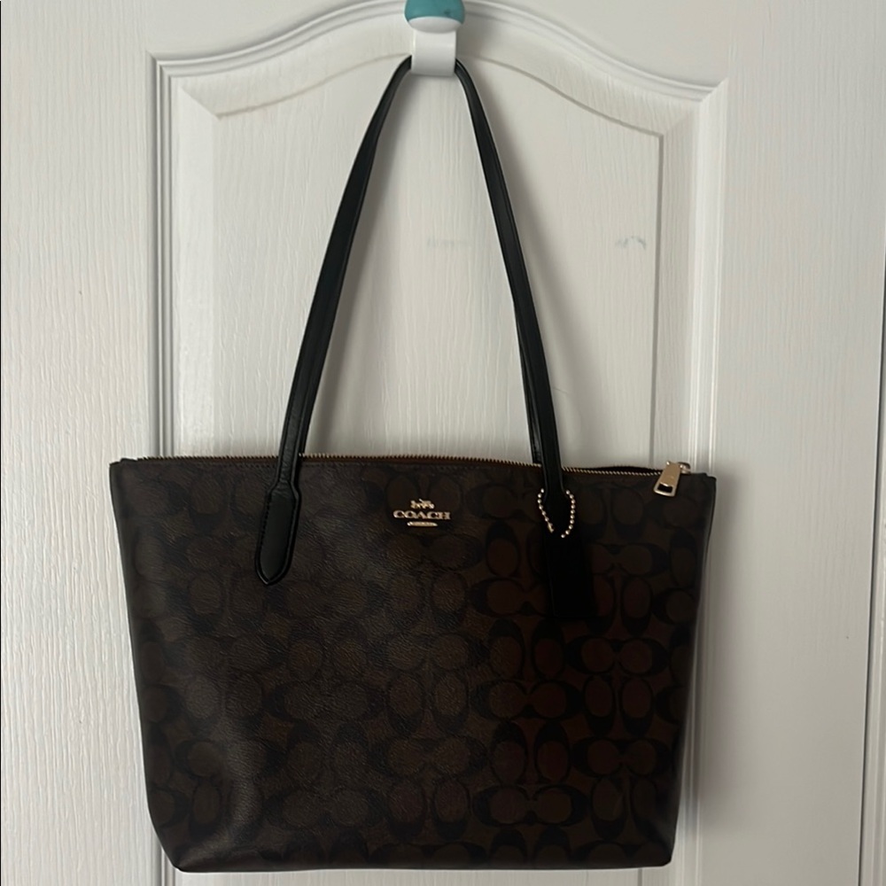 Coach Black Leather Tote with Gold Accents
